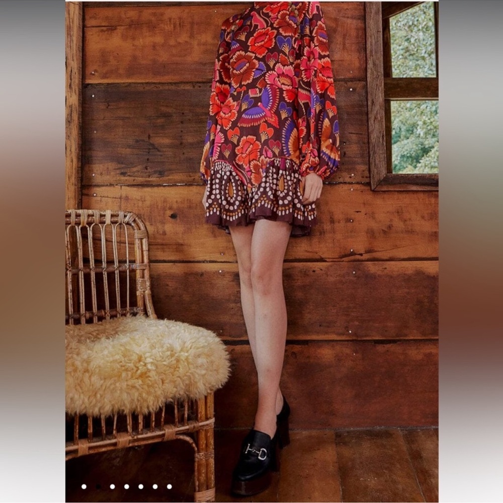 Farm Rio Brown Bright Flora Long Sleeve Mini Dress, Size M